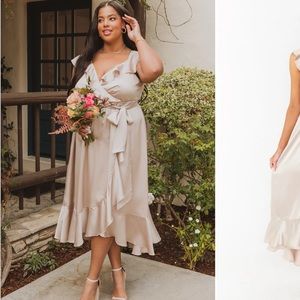 Show Me Your Mumu Samantha Ruffle Wrap Dress in Champagne luxe satin Bridesmaid
